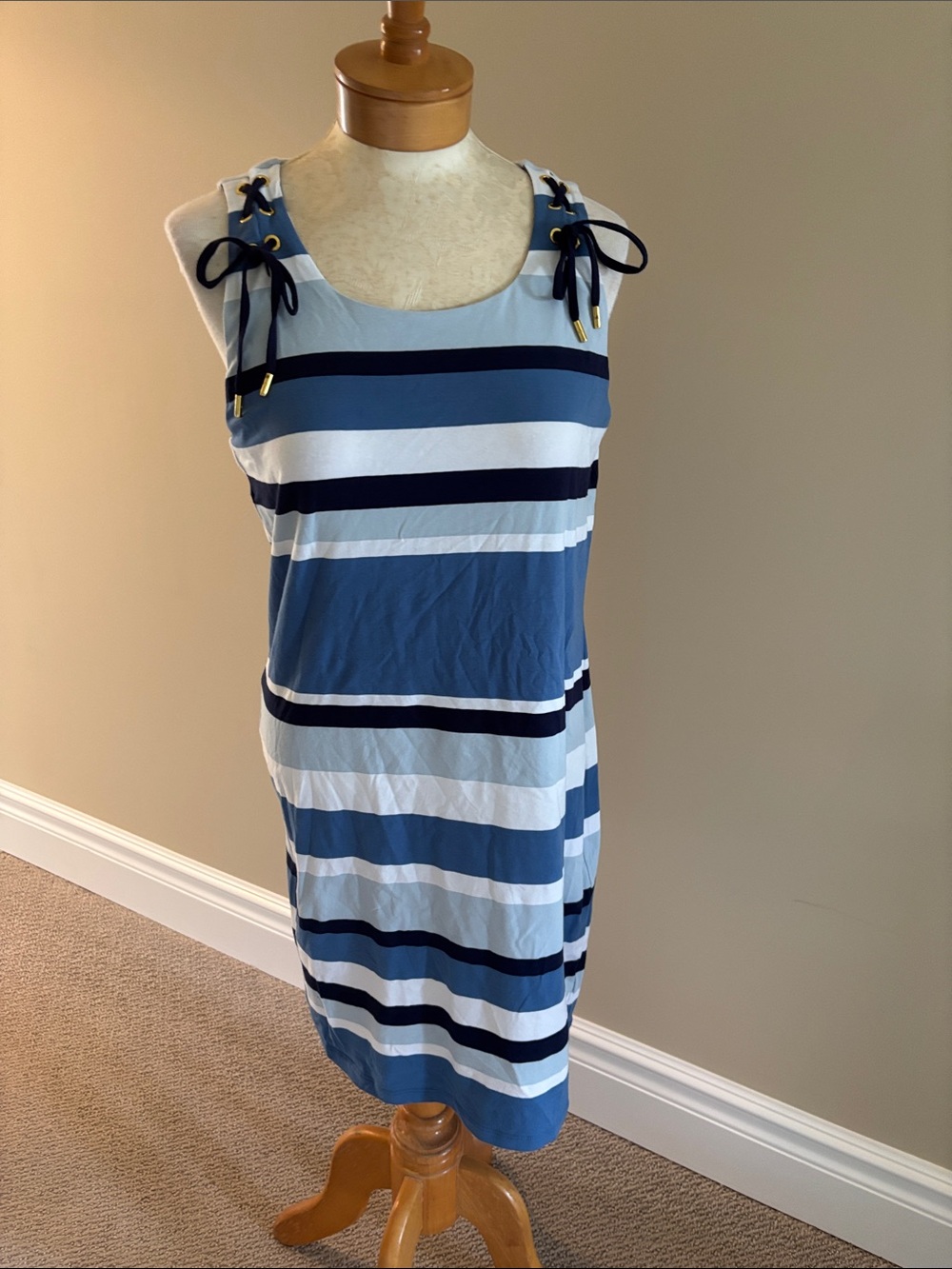 Michael Kors Blue and White Striped Tie-Shoulder Dress